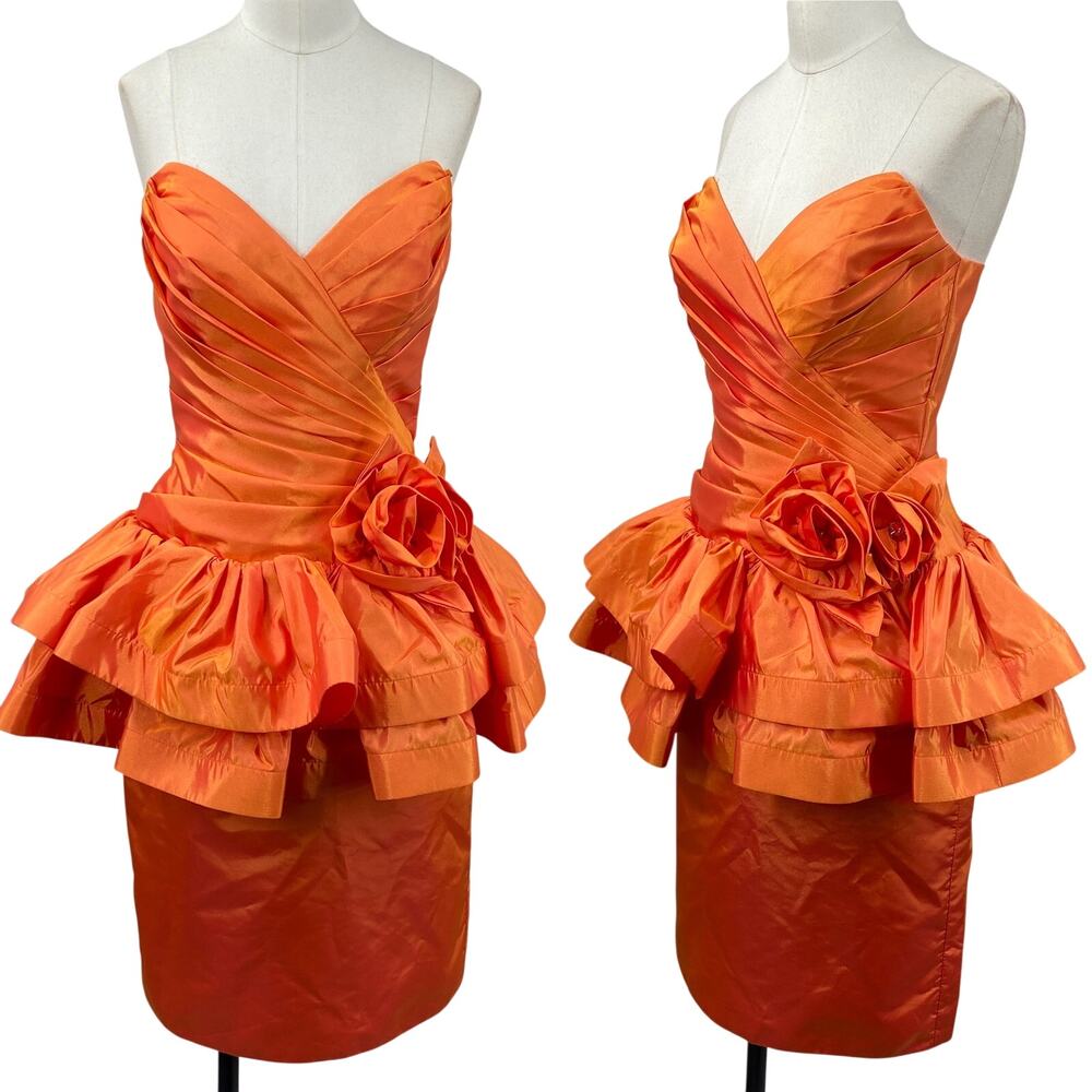 Vintage 80s Tadashi Taffeta Cocktail Dress Peplum Embellished Rosette Strapless